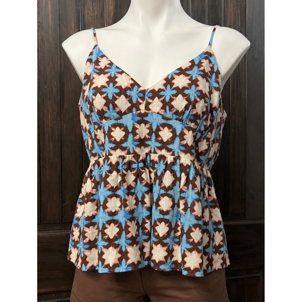 LOFT Womens Blue Brown Geometric Tile Print Smocked Peplum Cami Top NWT Size L